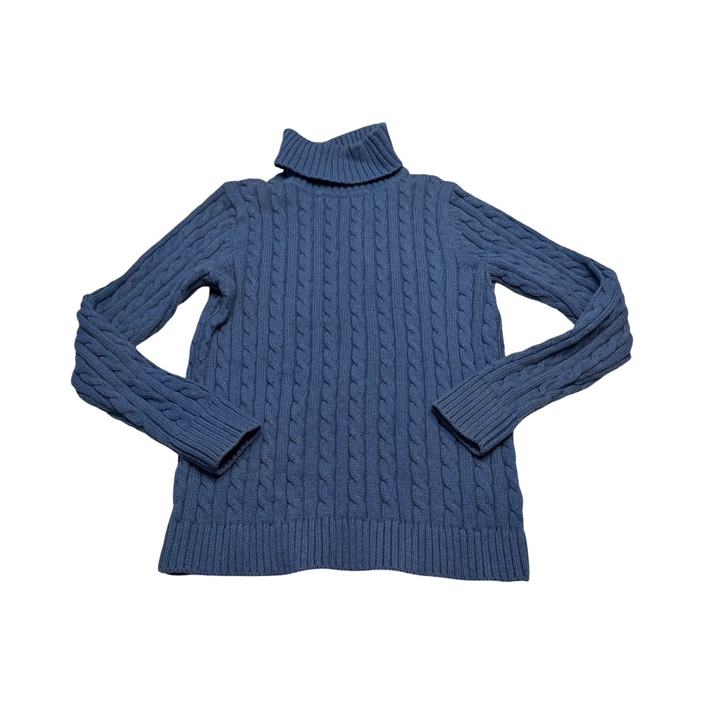 LL Bean woman's Blue Cable Knit Turtleneck Sweater‎ Fisherman 100% Cotton M